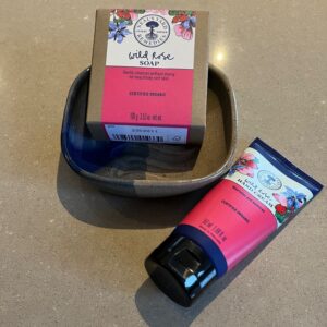 Soap dish with Wild Rose soap and hand cream